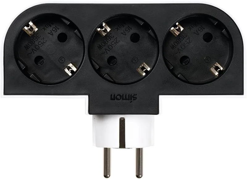Simon ▫️ Adaptador giratório de 3 fichas 3 tomadas 16A (250V, 3680W), rotação de 180°, ficha compacta para cantos ou atrás de móveis, preto e branco
