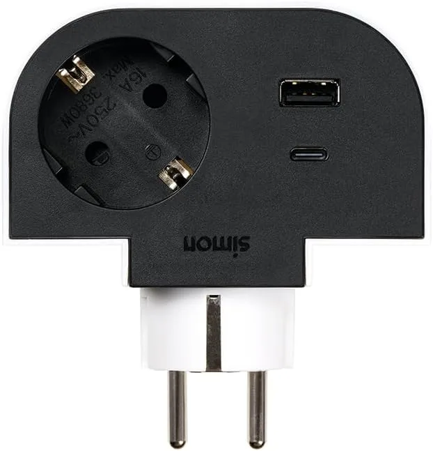 Simon ▫️ Adaptador Giratório de Tomada 1 Tomada 16A (250V, 3680W) + 2 Portas USB A+C (30W), Rotação de 180º e Carregamento Rápido para Telemóveis e Tablets, Ideal para Cantos ou Atrás de Móveis, Cor Preto e Branco