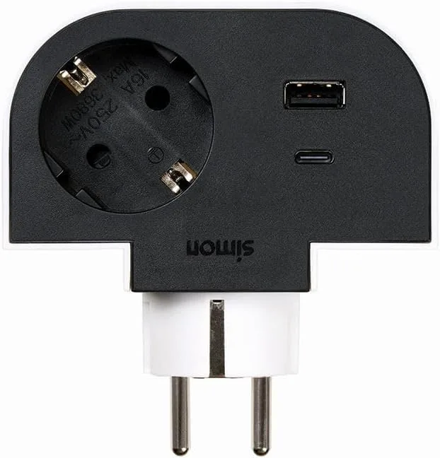 Simon ▫️ Adaptador giratório com 1 tomada de 16 A (250 V, 3680 W) + 2 USB A+C (30 W), rotação de 180º e carregamento rápido para telemóveis e tablets, para cantos ou atrás de móveis, nas cores preto e branco
