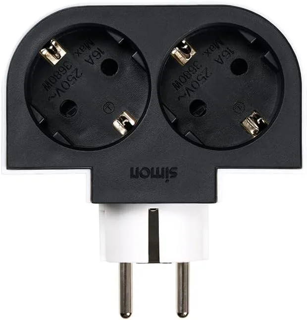Simon ▫️ Adaptador giratório de 2 fichas 2 tomadas 16A (250V, 3680W), rotação de 180°, tomada compacta para cantos ou atrás de móveis, preto e branco
