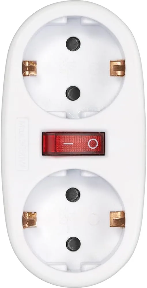 Simon ▫️ Adaptador de 2 tomadas Schuko com interruptor On/Off | Multitoma compacta, poupança de energia e maior segurança. Branco.