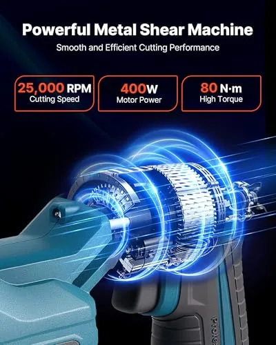 VEVOR ▫️ Tesoura de metal sem fios com cabeça giratória a 360°, lâminas duplas, corta aço galvanizado de 1,22 mm, aço inoxidável de 1 mm, alumínio, plástico e cartão, 25 000 RPM, 365 x 180 x 80 mm 2