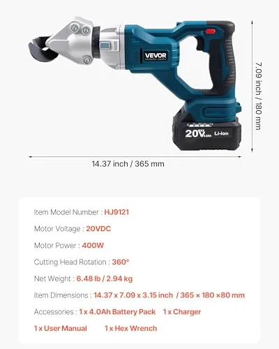 VEVOR ▫️ Tesoura de metal sem fios com cabeça giratória a 360°, lâminas duplas, corta aço galvanizado de 1,22 mm, aço inoxidável de 1 mm, alumínio, plástico e cartão, 25 000 RPM, 365 x 180 x 80 mm 7