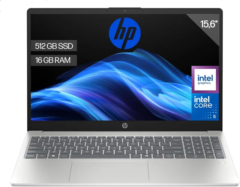 HP ▫️ 15-fd0404ns - Portátil de 15,6" FHD (Intel Core 5 120U, 16 GB de RAM, SSD de 512 GB, Intel Graphics, FreeDos) Prateado - Teclado QWERTY espanhol