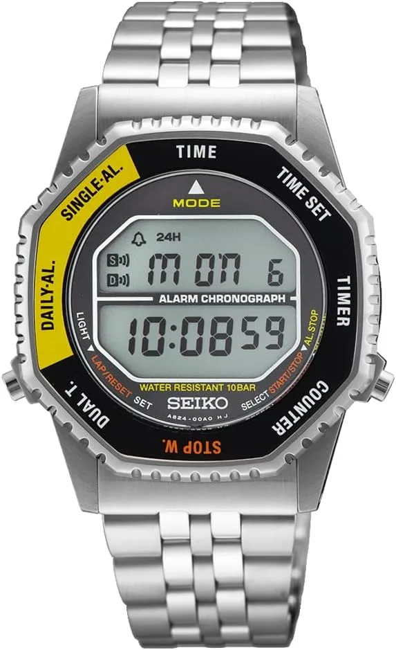 Seiko ▫️ Relógio digital cronógrafo Clásico para homem, aço inoxidável, 37 mm, bracelete em aço inoxidável, prateado, 10 bar, ecrã LCD, dois fusos horários, contador regressivo, alarme, calendário, medição de