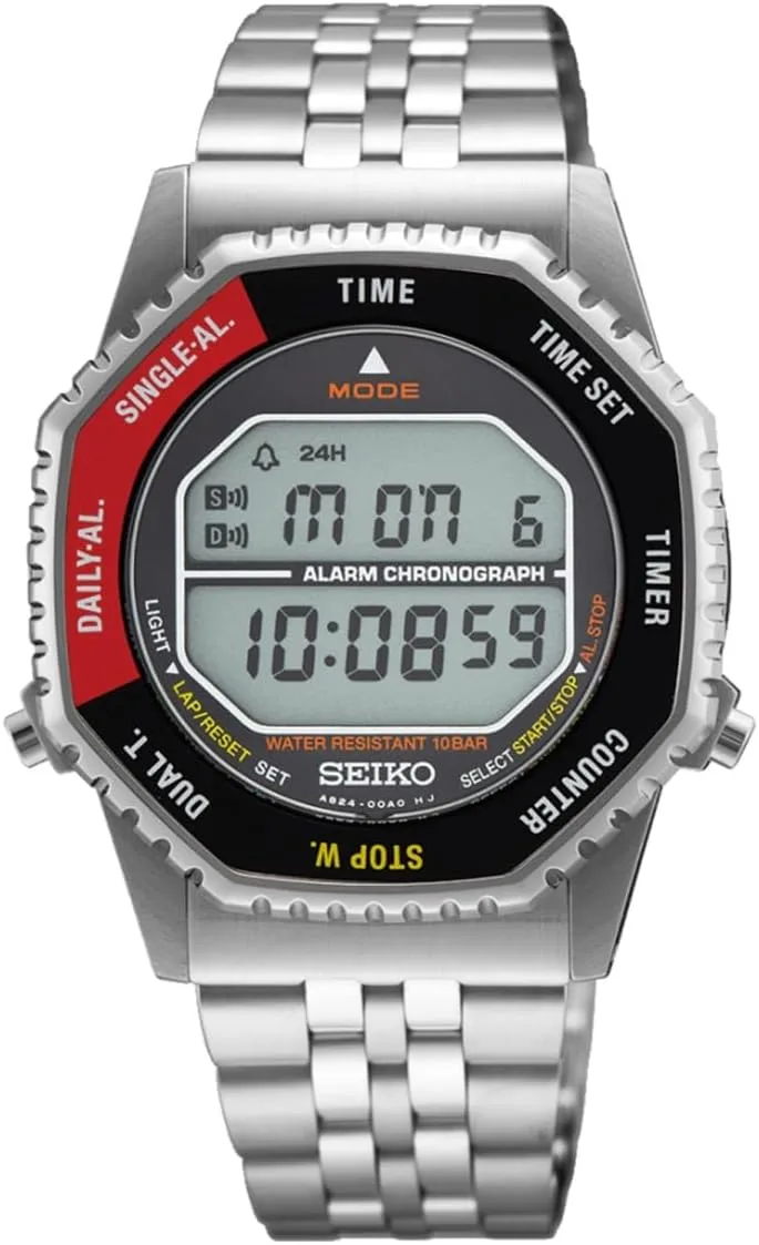 Seiko ▫️ SMGG19P1 - Relógio digital para homem com mostrador preto e vermelho e bracelete prateado