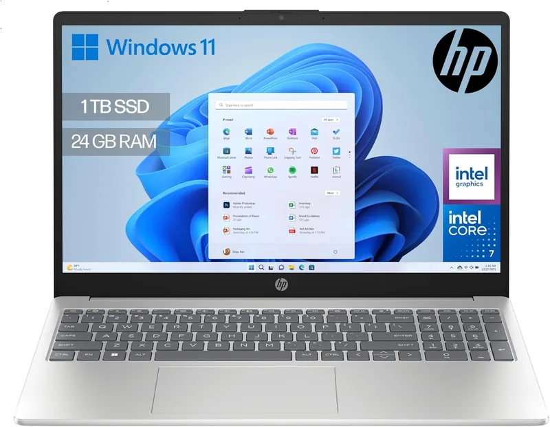 HP ▫️ 15-fd0406ns - Portátil FHD de 15,6" (Intel Core 7 150U, 24 GB de RAM, 1 TB SSD, placa gráfica Intel, Windows 11) Prateado - Teclado QWERTY inglês