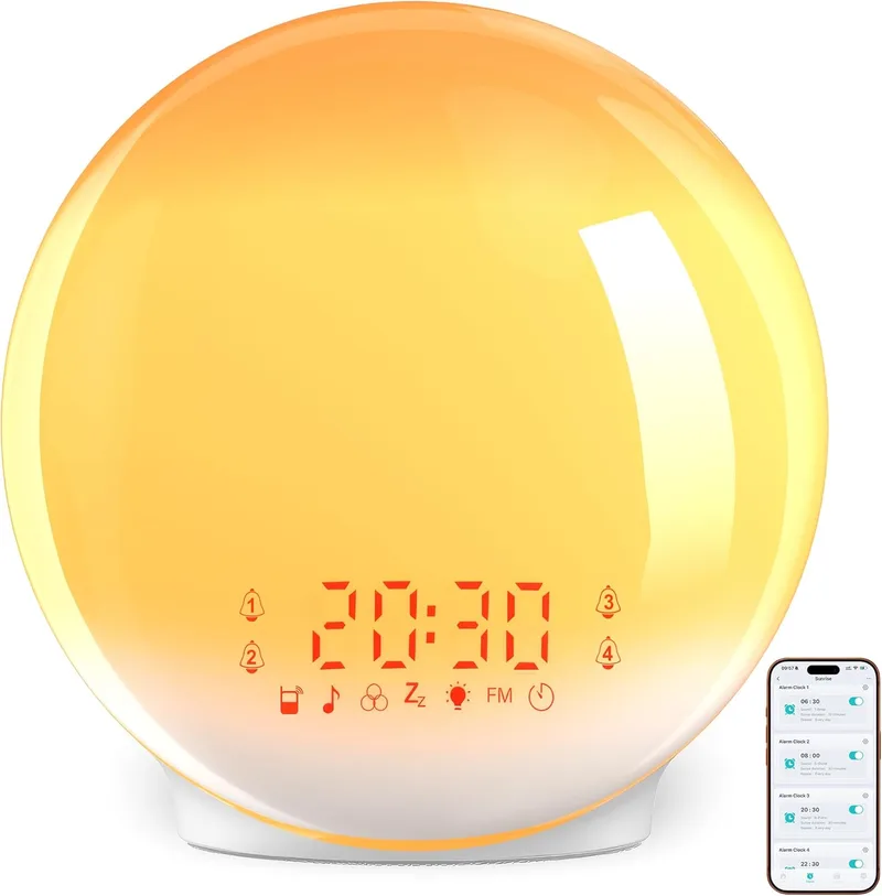 ARTINABS ▫️ Despertador com luz, Wake Up Light, Despertador com simulação de amanhecer e pôr-do-sol, controlo por aplicação, 4 alarmes, função «snooze», calibração automática da hora, rádio FM, 7 sons, 12 cores