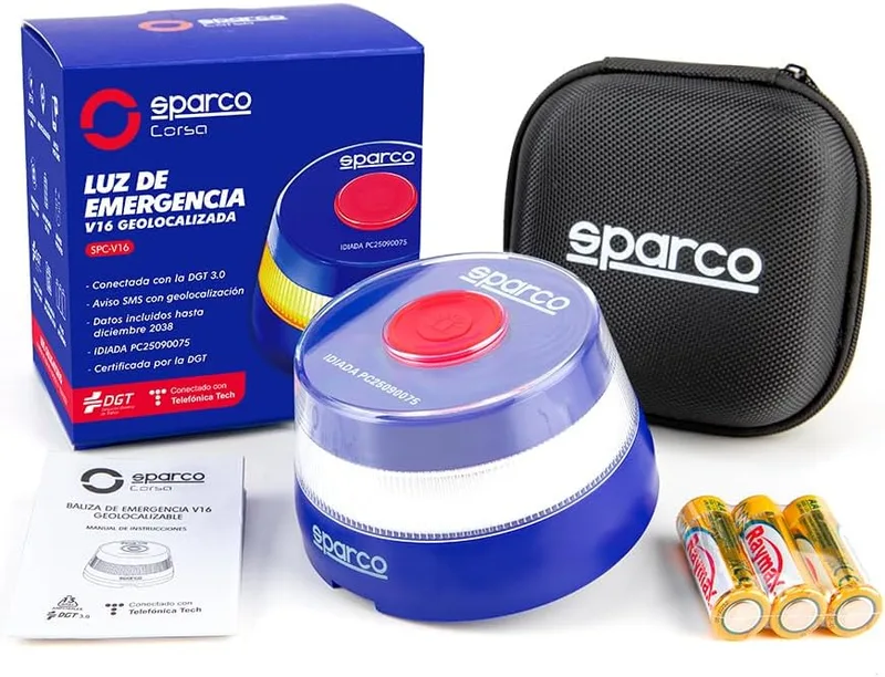 Sparco ▫️ Luz de Emergência para Automóvel V16, Homologada pela DGT 3.0, com geolocalização, cartão SIM e dados incluídos até 2038 + Estojo de oferta, baliza obrigatória a partir de janeiro de 2026, aplicação incluída (plástico ABS)