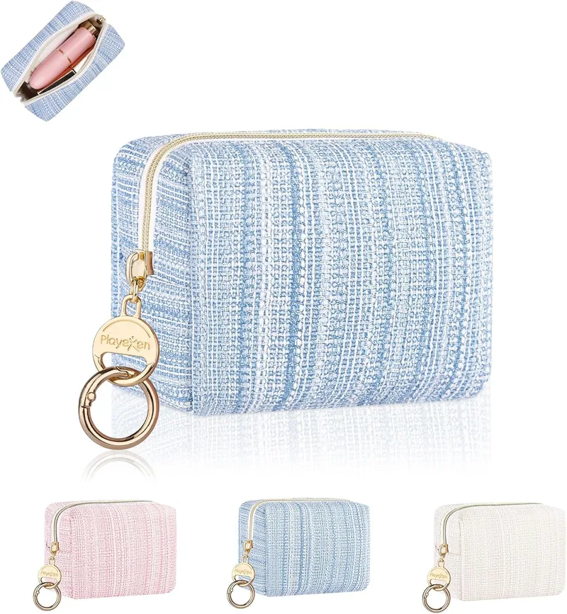 Playexen ▫️ 11 * 8,5 * 5,5 cm Mini bolsa de maquilhagem para meninas e mulheres - Pequena bolsa organizadora de maquilhagem e cosméticos em PU - Bolsa de higiene de viagem portátil - Estojo de maquilhagem - Presente de aniversário (azul)