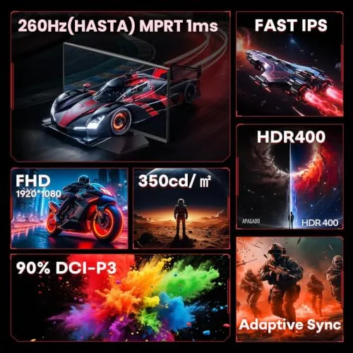 HKC ▫️ Monitor de jogos de 24 polegadas, 260 Hz, painel Fast IPS, HDR400, 1 ms MPRT, Adaptive Sync, inclinação ajustável, (1920x1080, 2 portas HDMI 2.0, 1 porta DP 1.4, saída de áudio), preto 2