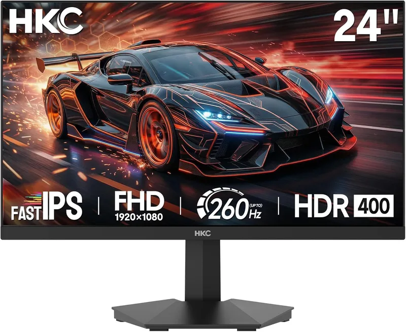 HKC ▫️ Monitor de jogos de 24 polegadas, 260 Hz, painel Fast IPS, HDR400, 1 ms MPRT, Adaptive Sync, inclinação ajustável, (1920x1080, 2 portas HDMI 2.0, 1 porta DP 1.4, saída de áudio), preto