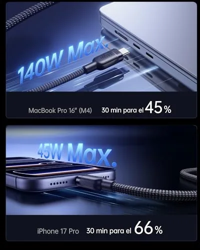 Baseus ▫️ Cabo USB-C para USB-C, 140 W máx., cabo 2 em 1 USB-C de 1,5 m, para iPhone séries 17/16/15/14/13/12/Pro Max/Plus, Galaxy S25-S22, MacBook Air/Pro, Lenovo, HP, iPad e muito mais (USB 2.0, design trançado) 7