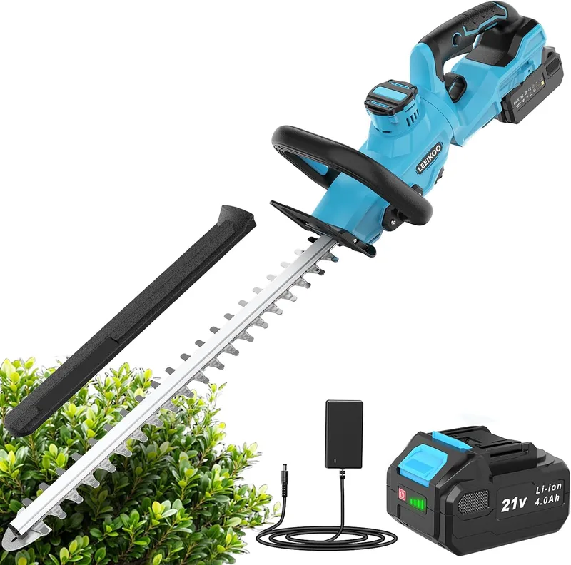 LEEIKOO ▫️ Cortador de sebes a bateria, Cortador de sebes elétrico com bateria de 4,0 Ah, podador ajustável a 180°, lâmina com 51 cm de comprimento, espaçamento entre dentes de 16 mm, lâmina protegida para sebes, ramos, arbustos e galhos