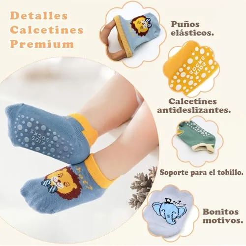 Soleeya ▫️ 7 pares de meias antiderrapantes para bebés e crianças (meninos e meninas) dos 0 aos 5 anos, meias antiderrapantes multicoloridas de algodão, curtas, para bebés, com estampado de animais, para meninos e meninas 5