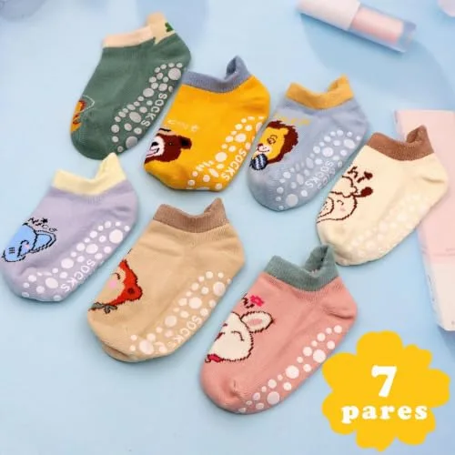 Soleeya ▫️ 7 pares de meias antiderrapantes para bebés e crianças (meninos e meninas) dos 0 aos 5 anos, meias antiderrapantes multicoloridas de algodão, curtas, para bebés, com estampado de animais, para meninos e meninas 7