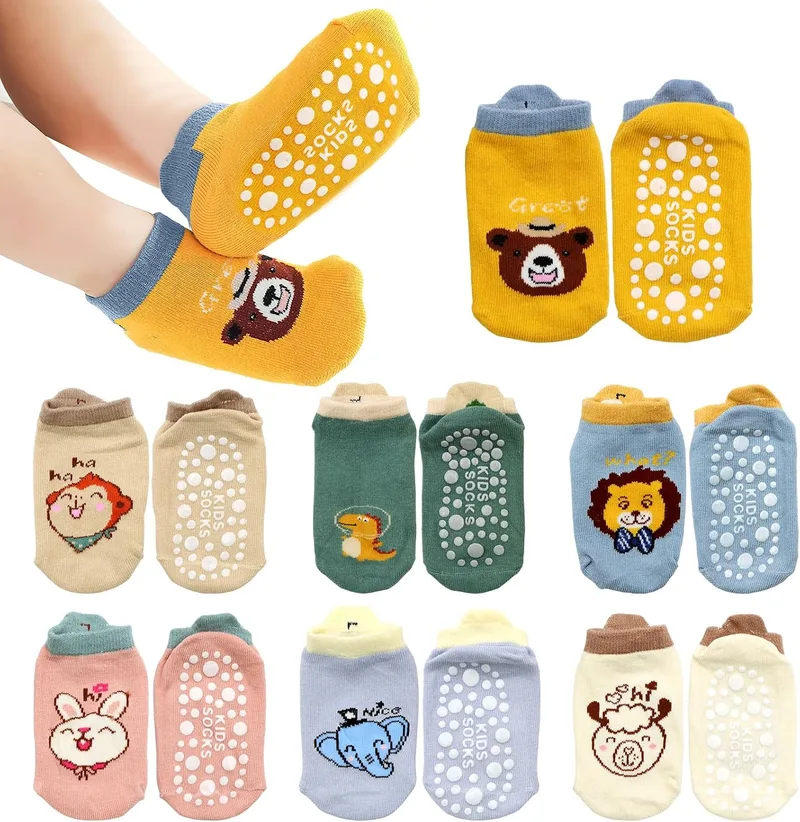 Soleeya ▫️ 7 pares de meias antiderrapantes para bebés e crianças (meninos e meninas) dos 0 aos 5 anos, meias antiderrapantes multicoloridas de algodão, curtas, para bebés, com estampado de animais, para meninos e meninas