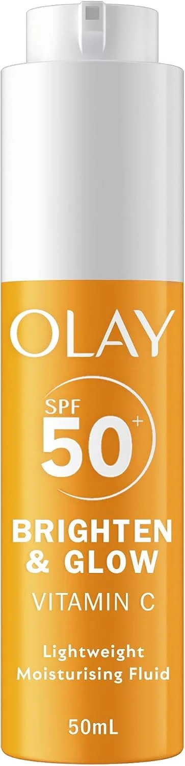 Olay ▫️ Vitamin C Brighten & Glow Fluido Hidratante 3 em 1 FPS 50+. Creme facial antienvelhecimento e pré-base com niacinamida. Hidratação, luminosidade e proteção UV. Efeito antimanchas. 50 ml