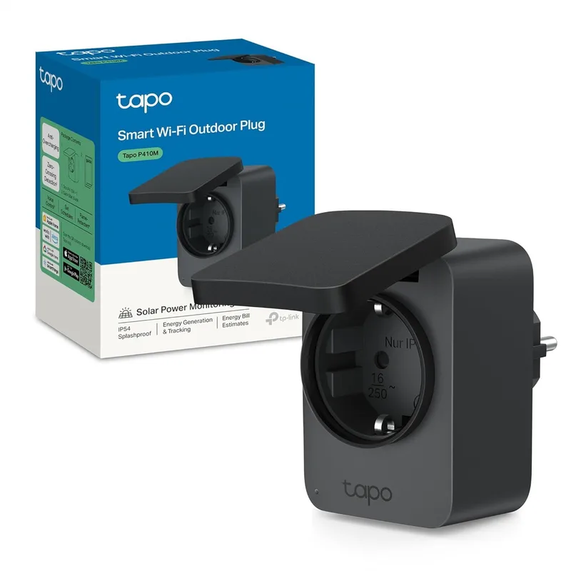 Tapo ▫️ P410M - Ficha inteligente WiFi para exterior com matéria, à prova de água IP54, monitor de energia, controlo por voz e aplicação, programável (16A / 3680W)