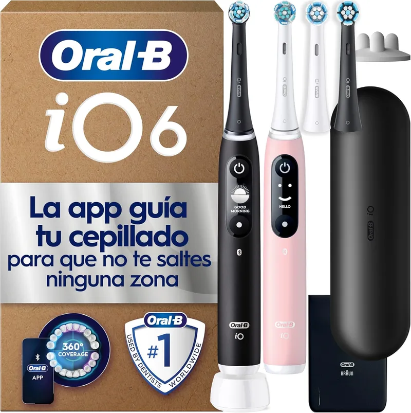 Oral-B ▫️ iO 6 Pack de 2 escovas de dentes eléctricas preto e rosa, 4 cabeças de escova de substituição e estojo de viagem, 5 modos de escovagem com branqueamento de dentes, sensor de pressão, concebido pela Braun