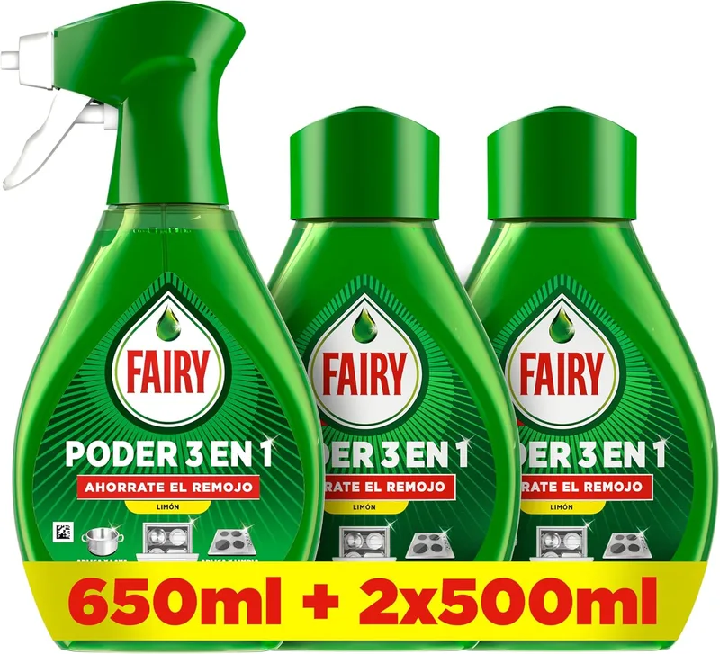 FAIRY ▫️ Pack Poder Sem Enxaguamento, Spray de Limão, 650 ml + 2 recargas de 500 ml, Desengordurante e Limpeza Rápida para Louça e Cozinha