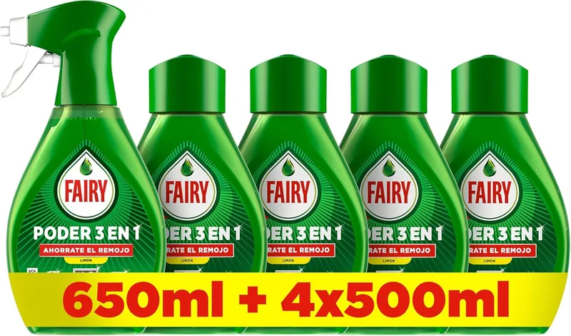 FAIRY ▫️ Pack Poder Sem Enxaguamento Limão Spray 650 ml + 4 recargas de 500 ml, Desengordurante e Limpeza Rápida para Louça e Cozinha