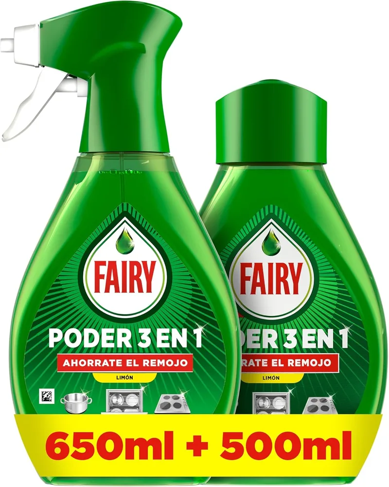 FAIRY ▫️ Embalagem de fada Lemon Soak-Free Power: 650 ml de spray para loiça e gordura de cozinha + 500 ml de recarga