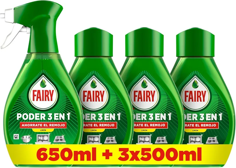 FAIRY ▫️ Pack Power No Soak Lemon Spray 650ml + 3 recargas 500ml, anti-gorduroso e de limpeza rápida para loiça e cozinha