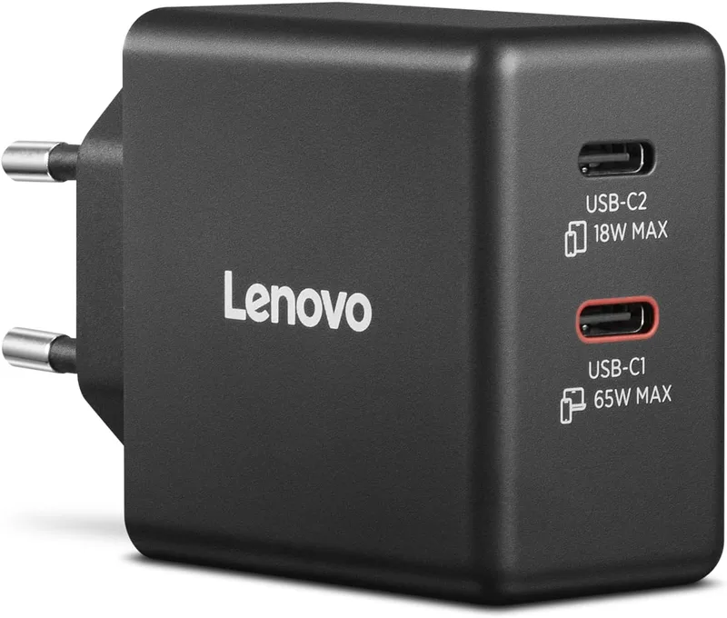 Lenovo ▫️ Carregador Dual USB-C de 65 W GAN (Compatível com PC e outros dispositivos, 2 portas USB-C, portátil, leve) Inclui cabo Tipo C de 1,5 m - Preto