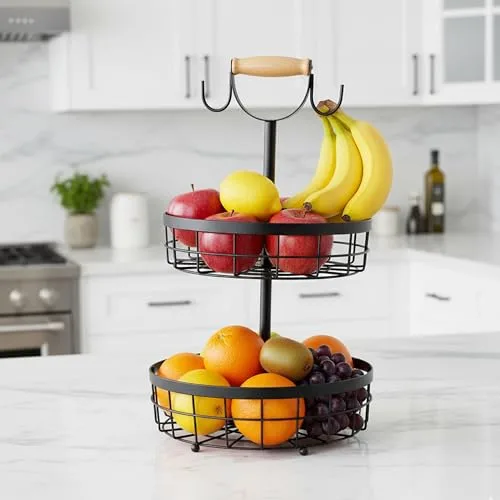 Relaxdays ▫️ Etagère de frutas de 2 andares, fruteira para cozinha, cesto metálico moderno para frutas e legumes, metal, preto 2