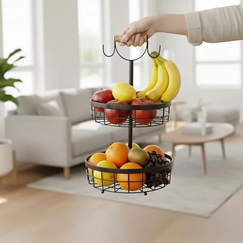Relaxdays ▫️ Etagère de frutas de 2 andares, fruteira para cozinha, cesto metálico moderno para frutas e legumes, metal, preto 3