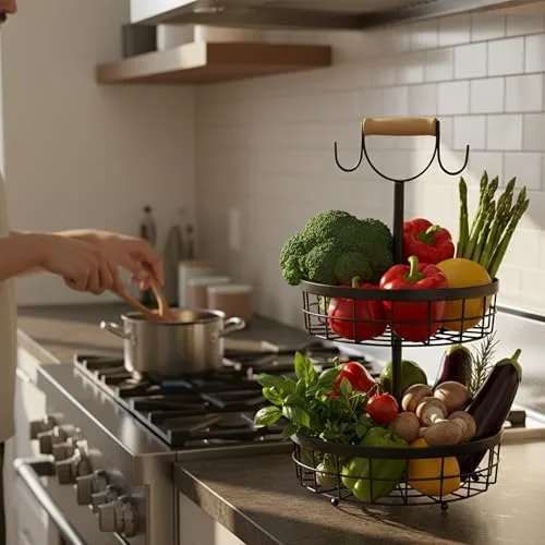 Relaxdays ▫️ Etagère de frutas de 2 andares, fruteira para cozinha, cesto metálico moderno para frutas e legumes, metal, preto 5