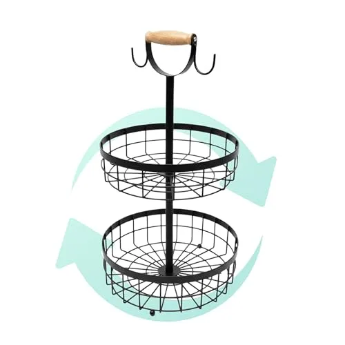 Relaxdays ▫️ Etagère de frutas de 2 andares, fruteira para cozinha, cesto metálico moderno para frutas e legumes, metal, preto 6