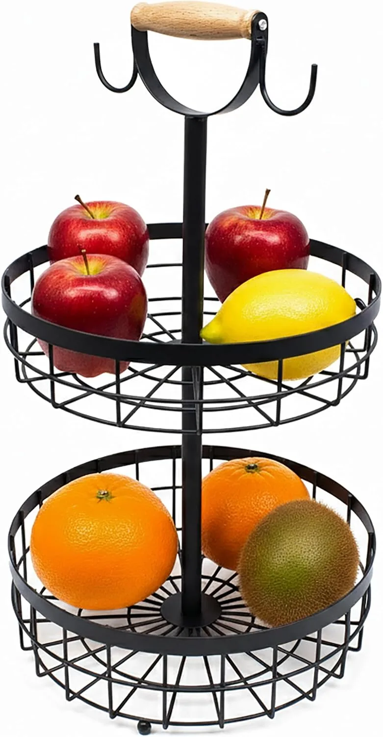 Relaxdays ▫️ Etagère de frutas de 2 andares, fruteira para cozinha, cesto metálico moderno para frutas e legumes, metal, preto