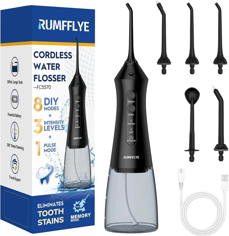 RUMFFLYE ▫️ Irrigador dentário portátil Irrigador oral profissional sem fios 12 modos 5 bicos à prova de água IPX7 à prova de água 300ML USB recarregável para casa e viagens (preto)