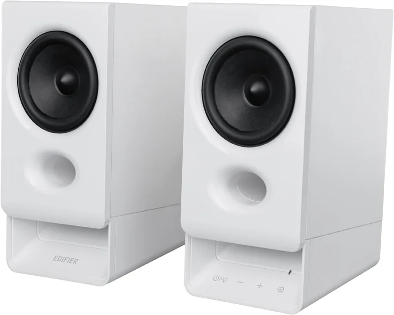 Edifier ▫️ R20BT Altifalantes USB para PC, drivers de gama completa de 2,75'', Bluetooth 6.0, controlos táteis, entrada AUX, tomada para auscultadores, luz ambiente e perfis de som personalizáveis através da aplicação - Branco