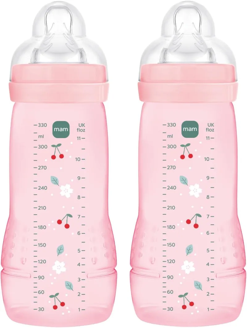 MAM ▫️ Conjunto de 2 biberões, a partir dos 6 meses, 330 ml, com tetina X especial para líquidos espessos em silicone, de fácil aceitação, fácil de segurar, fácil de limpar, Easy Active, rosa, conjunto de 2 unidades