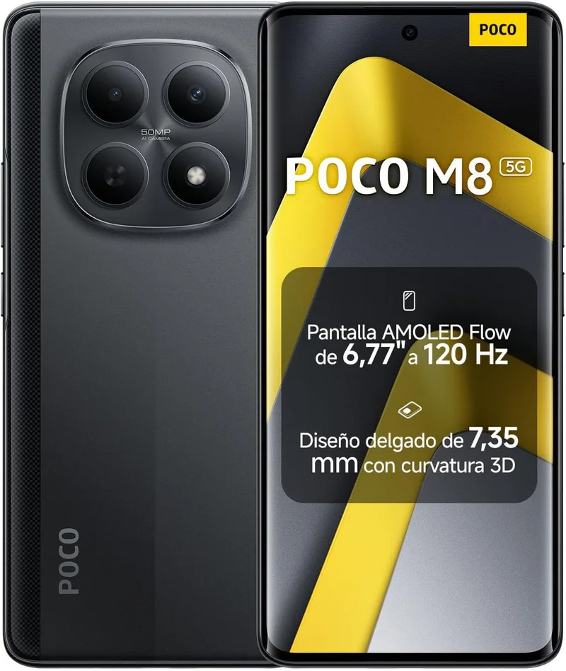 XIAOMI ▫️ POCO M8 5G - Smartphone de 8+256GB, ecrã AMOLED de fluxo de 6,77" 120Hz, Snapdragon 6 Gen 3, câmara AI dupla de 50MP, carregamento turbo de 45W, carregador não incluído, preto (versão ES)