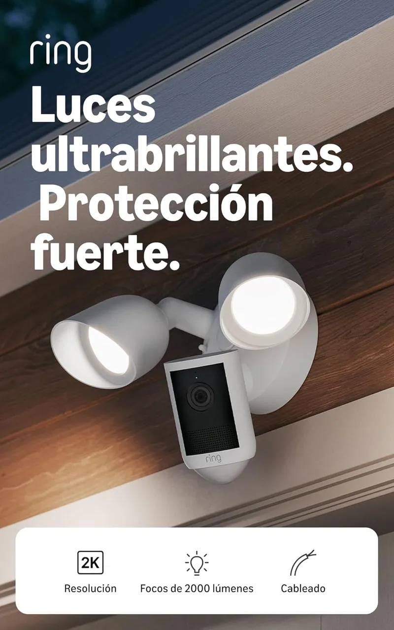 Ring ▫️ Câmara com holofotes (Floodlight Cam), com fios (última geração), Retinal 2K, zoom melhorado de 6 aumentos, holofotes de alta intensidade, período de teste gratuito de 30 dias do plano de subscrição