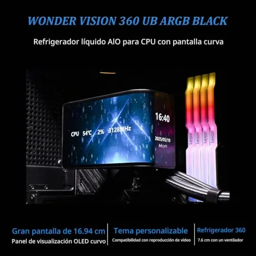Thermalright ▫️ Wonder Vision 360 UB ARGB Preto AIO - Sistema de refrigeração líquida para CPU AM5/Intel LGA1851/1700, ecrã curvo 3D de 6,67 polegadas com resolução de 2400 x 1080, ecrã com painel magnético 3