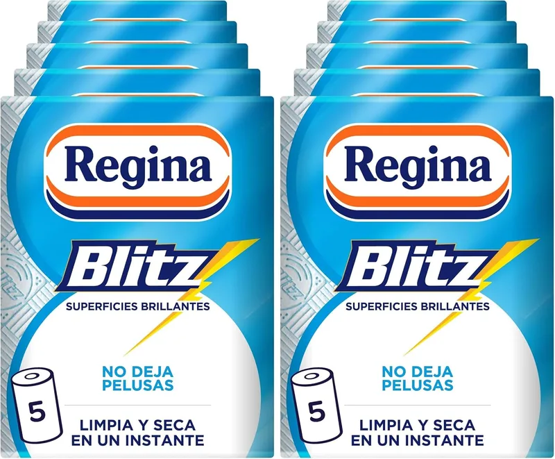 Regina ▫️ Papel de cozinha Blitz | 5 rolos | 100 maxi-folhas de 3 camadas | Ideal para limpar superfícies domésticas | Sem fiapos | Embalagem de papel reciclável (pacote de 2)