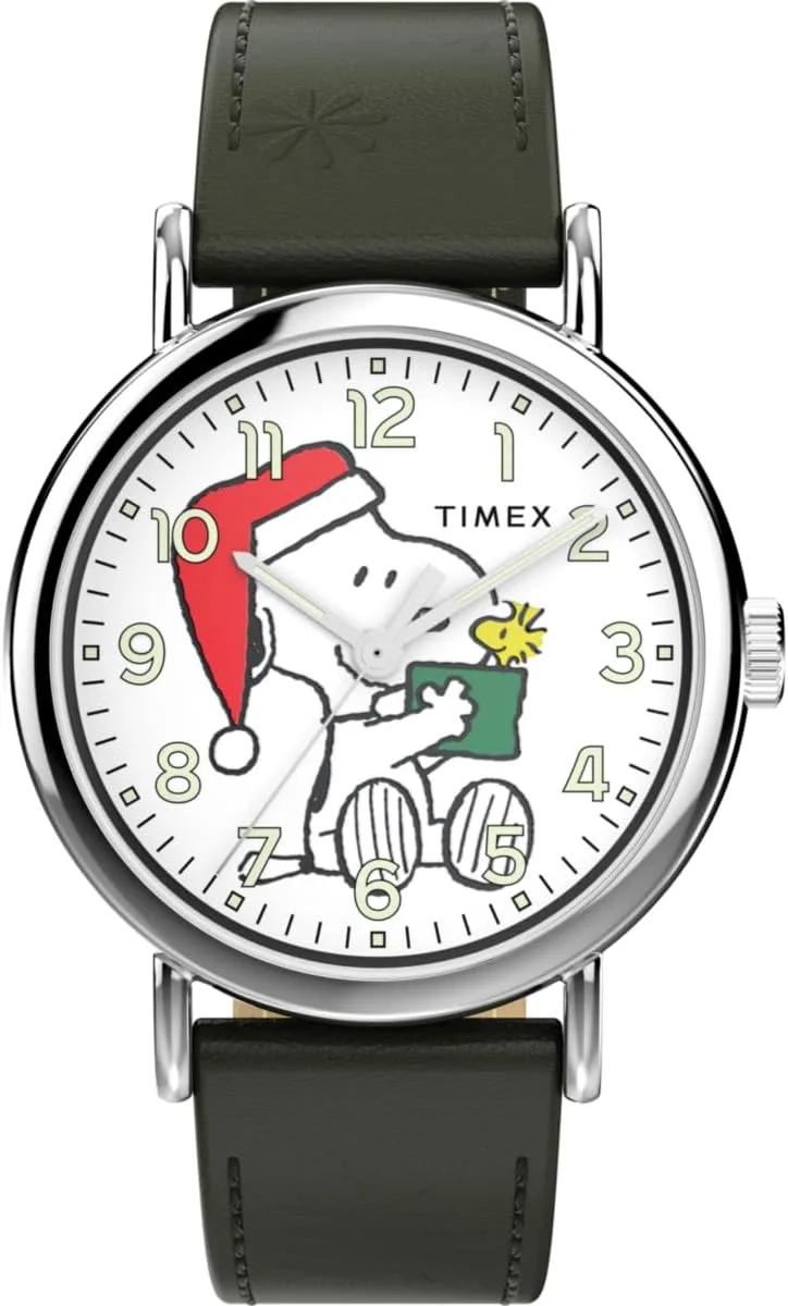 Timex ▫️ Relógio analógico de quartzo para homem, modelo Peanuts Weekender, com bracelete em pele
