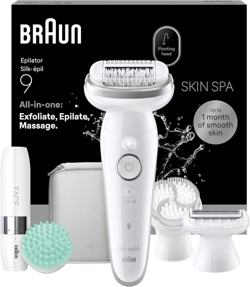 Braun ▫️ Silk-épil 9 SkinSpa depiladora eléctrica para mulher com escova esfoliante, almofada de massagem e mini depiladora facial, conjunto completo, depila, barbeia e apara, à prova de água, 9-381, prata