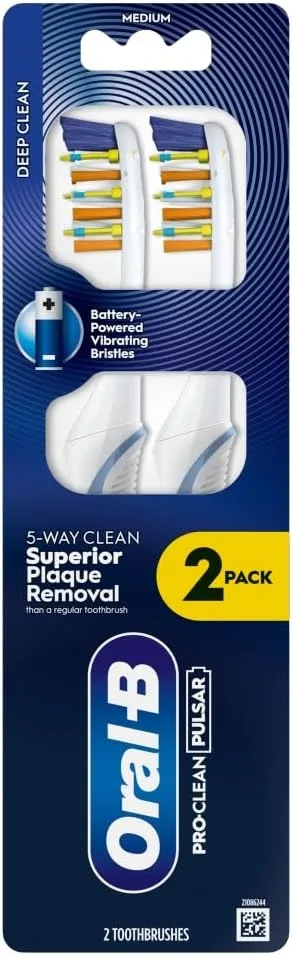 Oral-B ▫️ PRO-Clean Pulsar - Escova de dentes a pilhas, remoção superior de placa bacteriana em 5 direções, cerdas médias, 2X