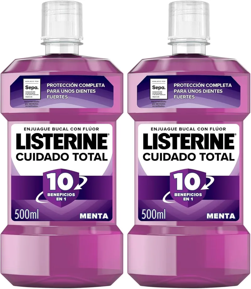 Listerine ▫️ Cuidado Total (1x500 ml), elixir bucal com álcool, elixir para as gengivas com 10 benefícios num só produto, elixir bucal com 12 horas de proteção, para dentes brancos (Embalagem de 2)