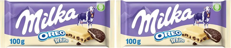 Milka ▫️ Oreo Barra de pedaços de chocolate branco com bolacha Oreo e recheio de baunilha, 100 g (Embalagem de 2)