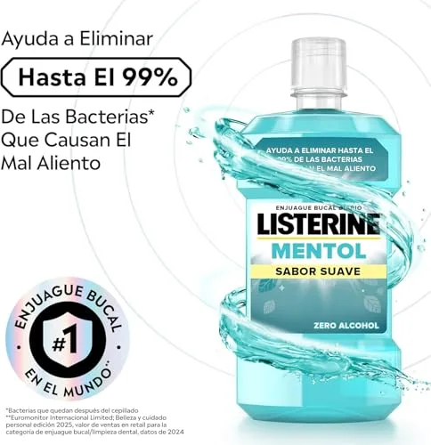 Listerine ▫️ Mentol Sabor Suave (1x250 ml), elixir bucal com flúor e 0% de álcool, elixir para as gengivas com 24 horas de proteção, elixir bucal sem álcool para um hálito fresco (Embalagem de 2) 2