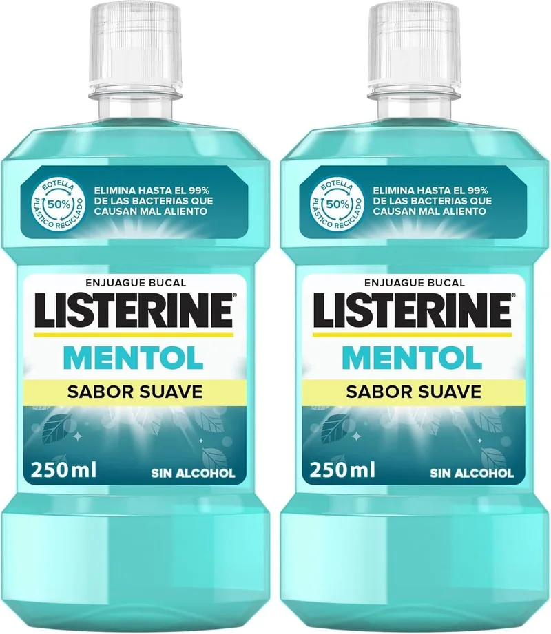 Listerine ▫️ Mentol Sabor Suave (1x250 ml), elixir bucal com flúor e 0% de álcool, elixir para as gengivas com 24 horas de proteção, elixir bucal sem álcool para um hálito fresco (Embalagem de 2)