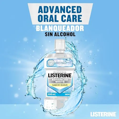Listerine ▫️ Advanced White Sabor Suave (1 x 500 ml), elixir bucal com 0% de álcool, elixir bucal sem álcool com sabor a menta, elixir bucal branqueador para uma limpeza ideal (Embalagem de 2) 2
