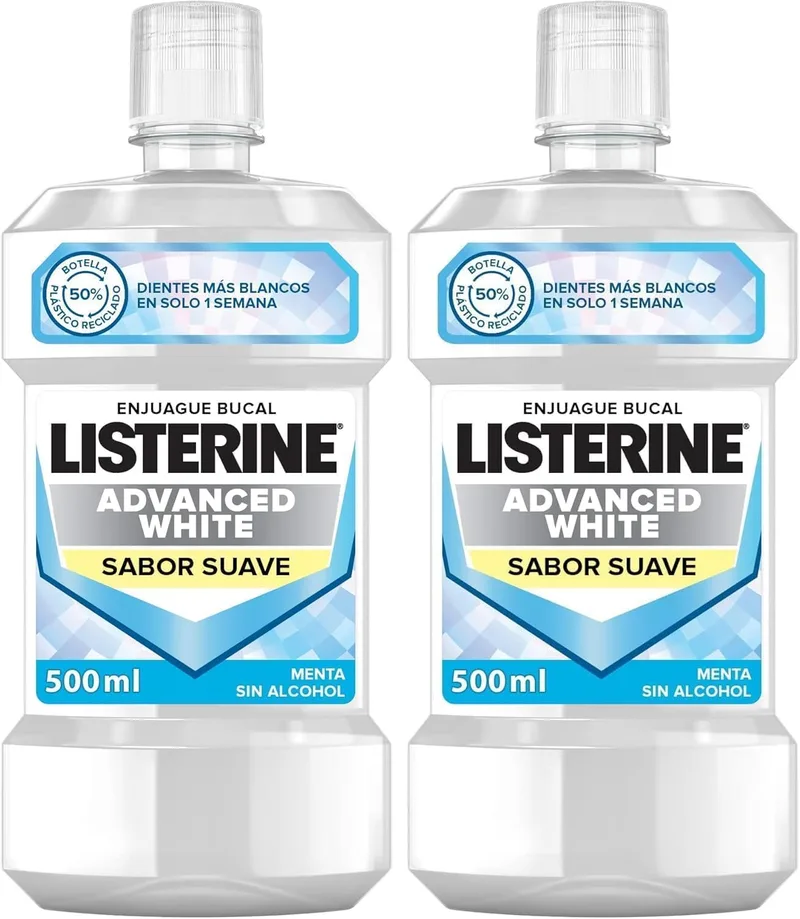 Listerine ▫️ Advanced White Sabor Suave (1 x 500 ml), elixir bucal com 0% de álcool, elixir bucal sem álcool com sabor a menta, elixir bucal branqueador de dentes para uma limpeza óptima (Embalagem de 2)
